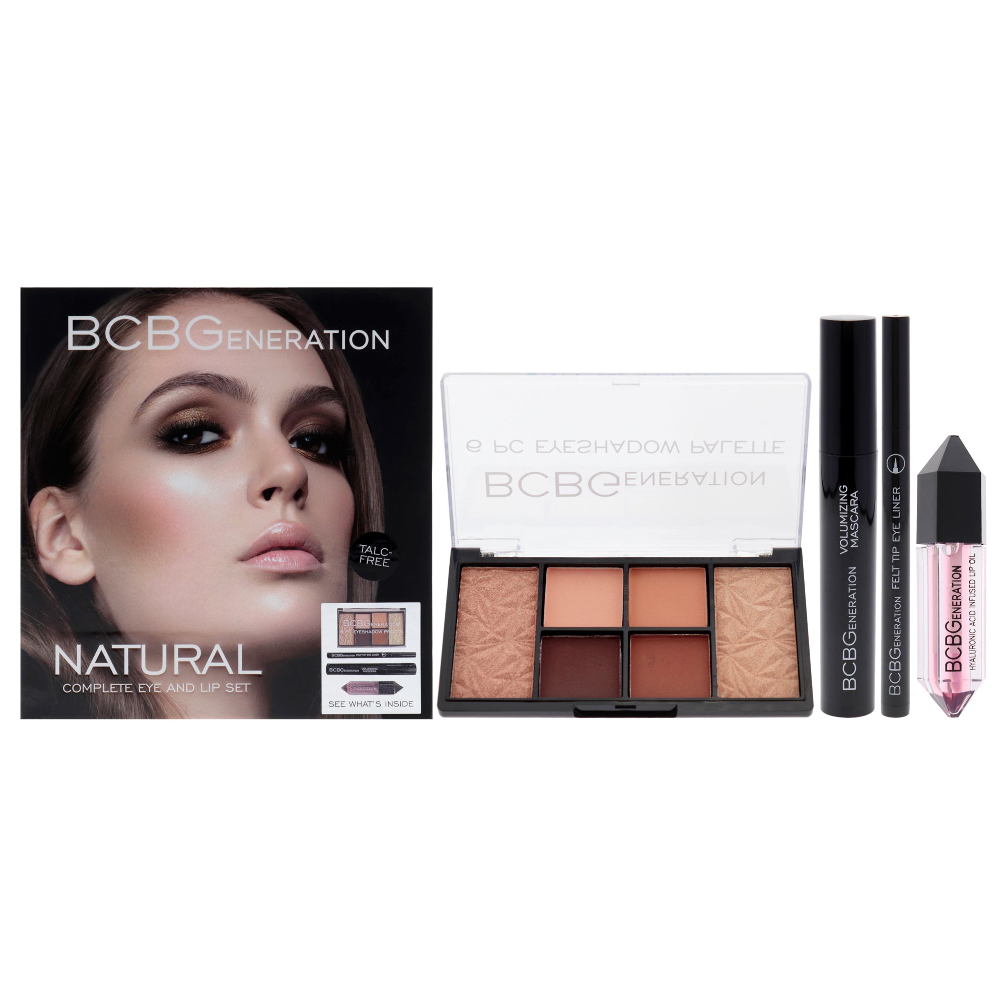 Natural Complete Eye and Lip Set by BCBGeneration Cosmetics for Women - 4 Pc 0.38oz Eye Shadow Palette, 0.04oz Felt Tip Eyeliner, 0.27oz Volumizing Mascara, 0.20oz Hyaluronic Acid Infused Lip Oil