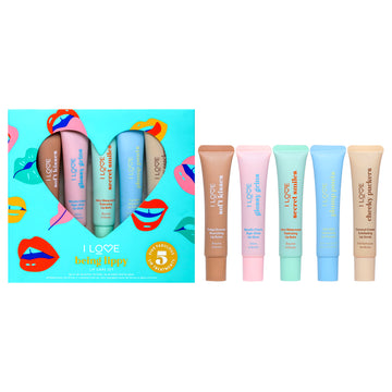 Being Lippy Lip Care Set by I Love Cosmetics for Women - 5 Pc 0.5oz Cheeky Puckers Coconut Cream Exfoliating Lip Scrub, 0.5oz Soft Kisses Fudge Brownie Nourishing Lip Butter, 0.5oz Secret Smile Juicy Watermelon Hydrating Lip Balm