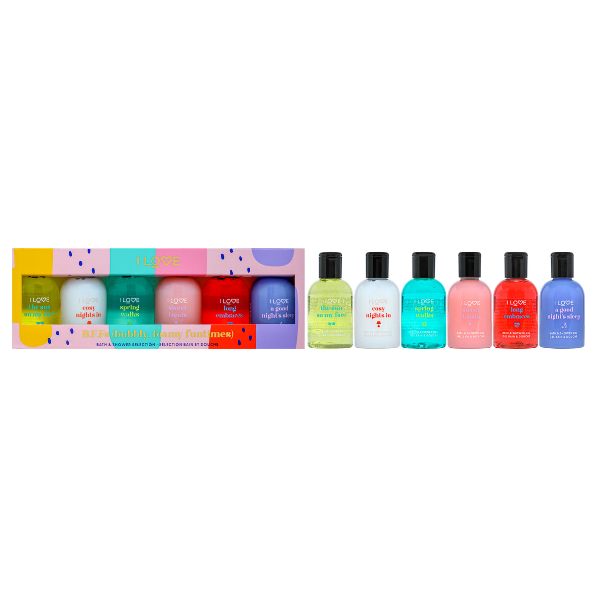 B.F.Fs Bubly, Foamy and Funtimes Bath And Shower Gel Collection by I Love Cosmetics for Women - 6 Pc 3.4oz Bath and Shower Gel - The Sun On My Face, 0.34oz Bath and Shower Gel - Cosy Nights In, 3.4oz Bath and Shower Gel - Spring Walks