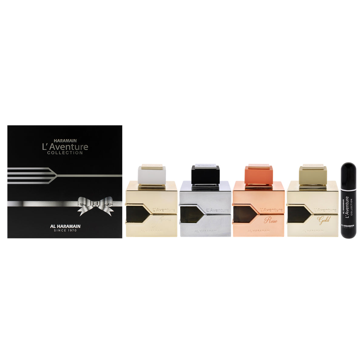 LAventure Collection by Al Haramain for Unisex - 4 Pc Gift Set 3.4oz Laventure EDP Spray, 3.4oz Laventure Femme EDP Spray, 3.4oz Laventure Rose EDP Spray, 3.4oz Laventure Gold EDP Spray