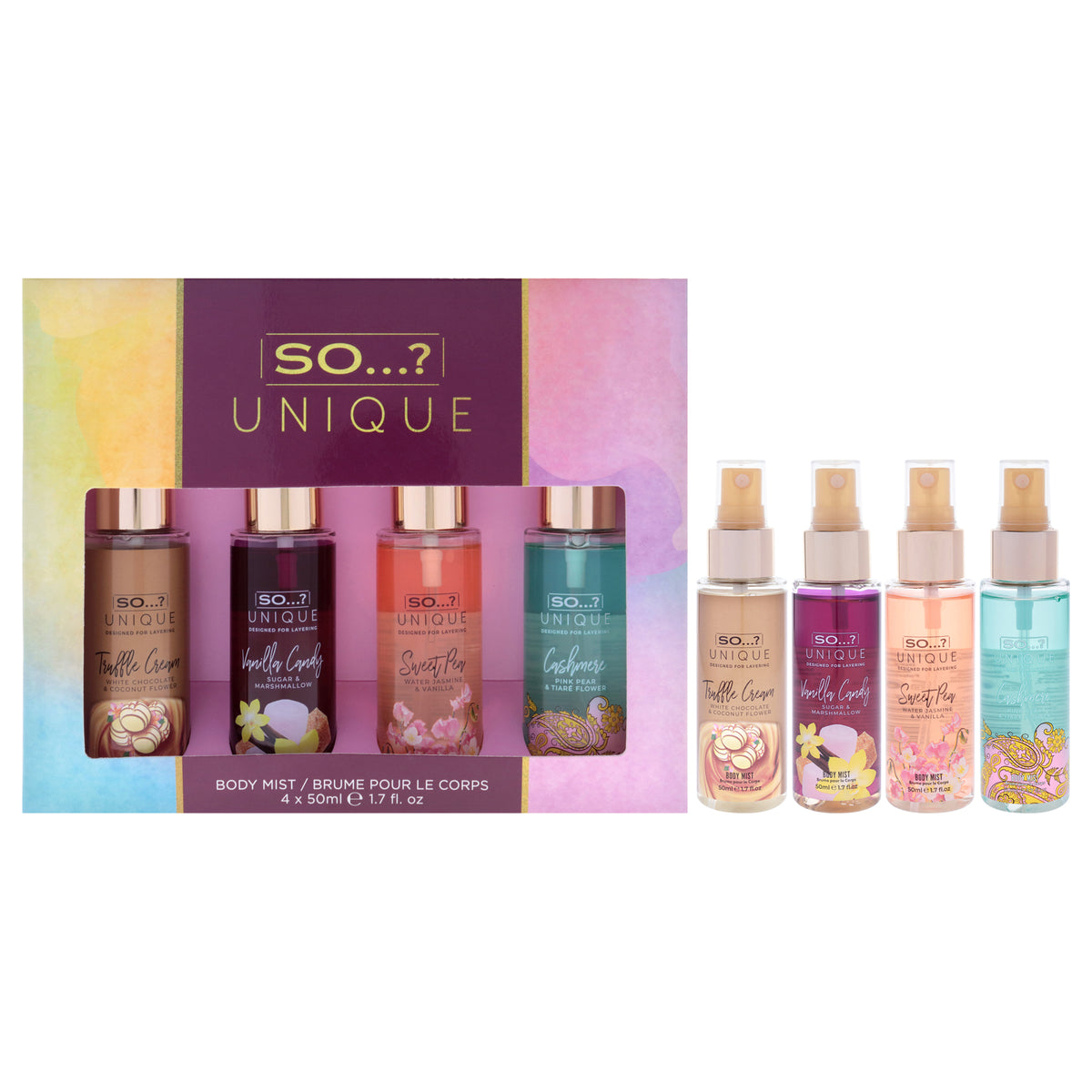 Unique Body Mist Set by So…? for Women - 4 Pc 1.7oz Body Mist - Vanilla Candy, 1.7oz Body Mist - Sweet Pea, 1.7oz Body Mist - Truffle Cream, 1.7oz Body Mist - Cashmere