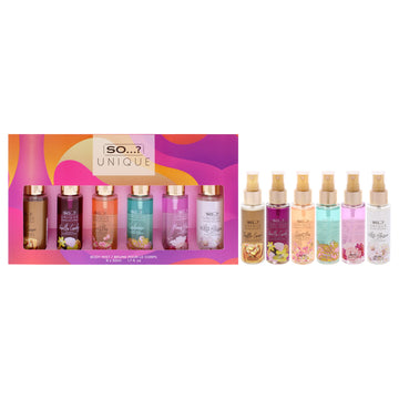 Unique Body Mist by So…? for Women - 6 Pc 1.7oz Body Mist - White Blossom, 1.7oz Body Mist - Vanilla Candy, 1.7oz Body Mist - Peony Blush, 1.7oz Body Mist - Sweet Pea, 1.7oz Body Mist - Cashmere, 1.7oz Body Mist - Truffle Cream
