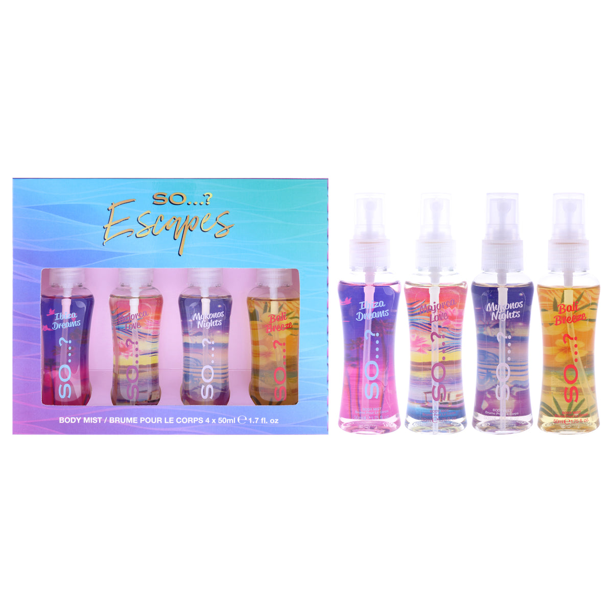Escapes Body Mist Set by So…? for Women - 4 Pc 1.7oz Body Mist - Ibiza Dreams, 1.7oz Body Mist - Majorca Love, 1.7oz Body Mist - Mykonos Nights, 1.7oz Body Mist - Bali Breeze