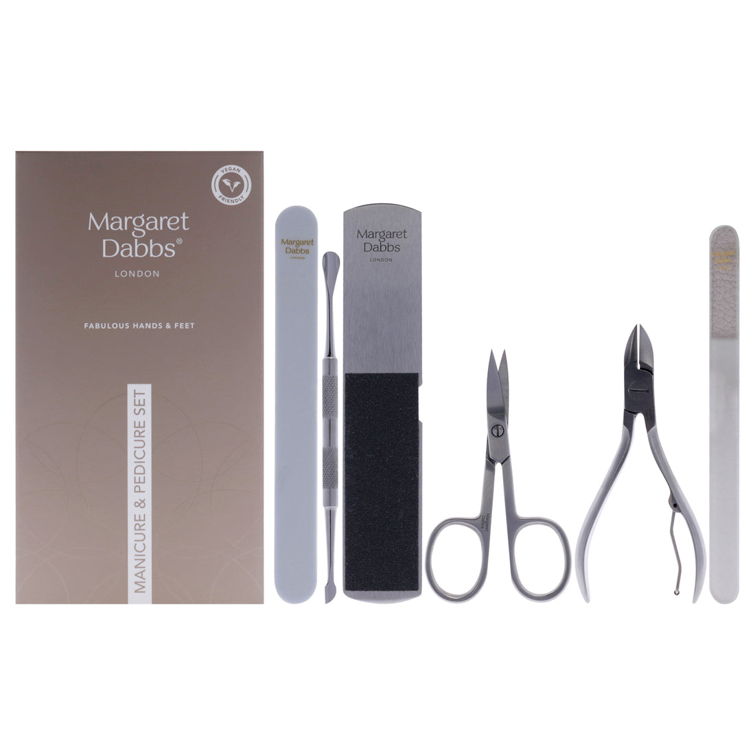 Manicure and Pedicure Set by Margaret Dabbs for Unisex - 6 Pc Foot File, Crystal Nail File, Super Shiner Buffer, Cuticle Pusher, Nail Scissors, Curved Toe Nail Clipper