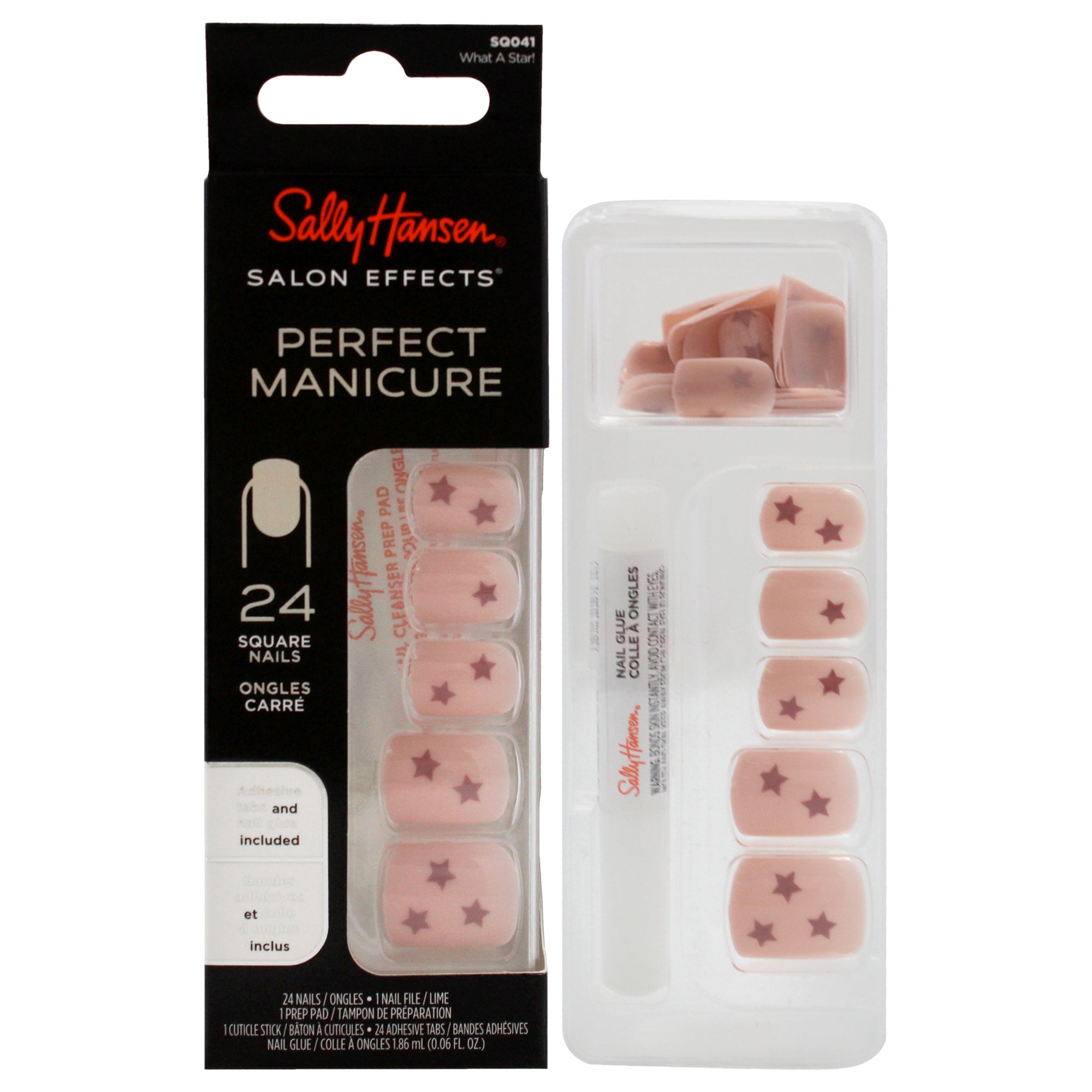 Salon Effects Perfect Manicure Square Nails - SQ041 What A Start! by Sally Hansen for Women - 52 Pc 24 Nails, 24 Adhesive Tabs, Nail File, Pre Pad, Cuticle Stick, 0.06oz Nail Glue