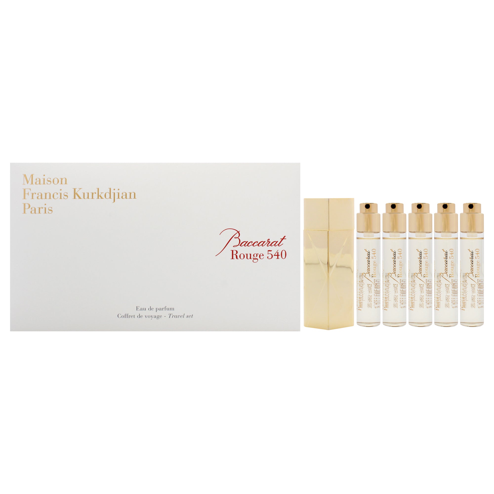 Baccarat Rouge 540 Travel Set by Maison Francis Kurkdjian for Unisex - 6 Pc Mini Gift Set 5 x 0.37oz EDP Spray (Mini) (Refill), Case Gold (Empty)