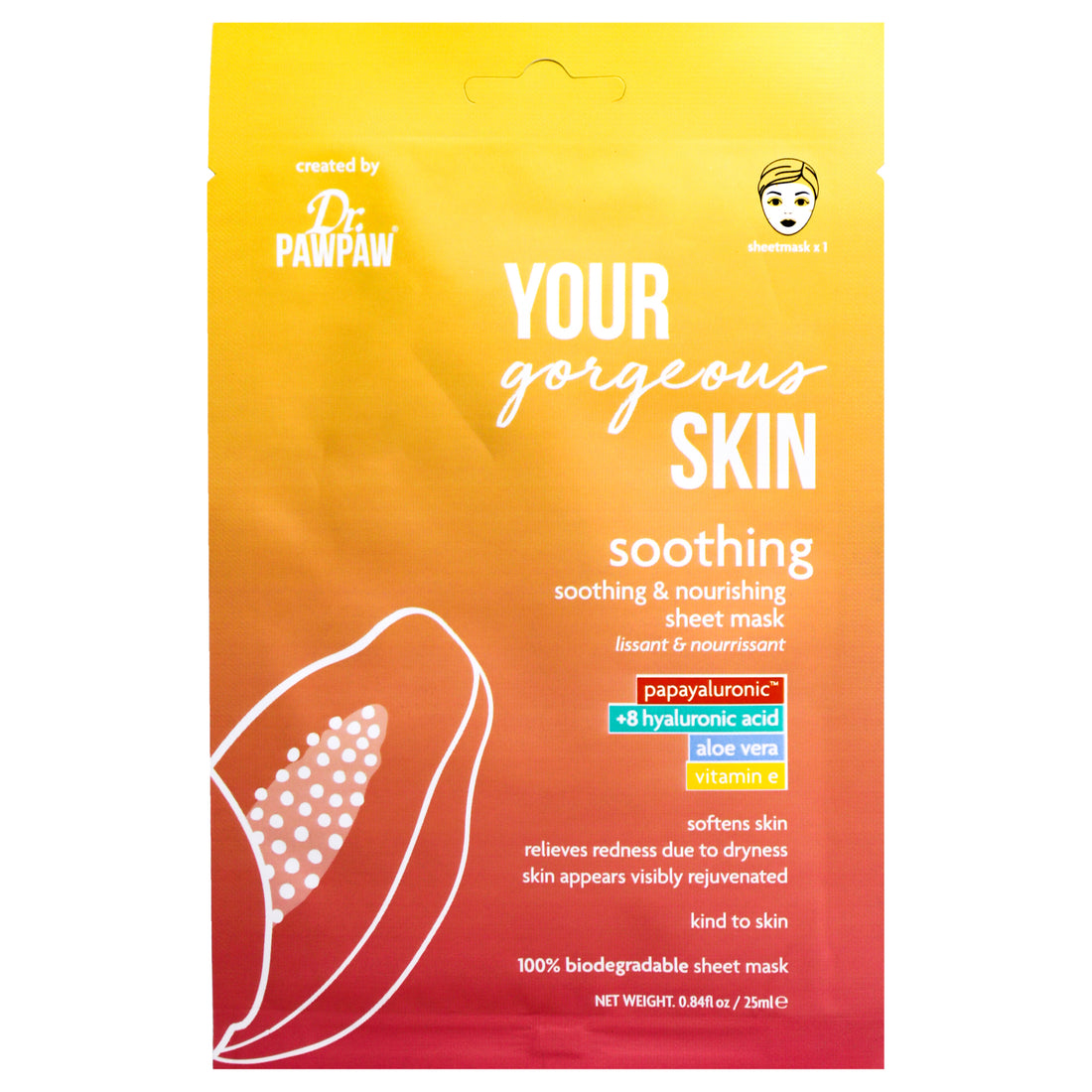Your Gorgeous Skin Soothing Sheet Mask by Dr. PawPaw for Unisex - 0.84 oz Mask