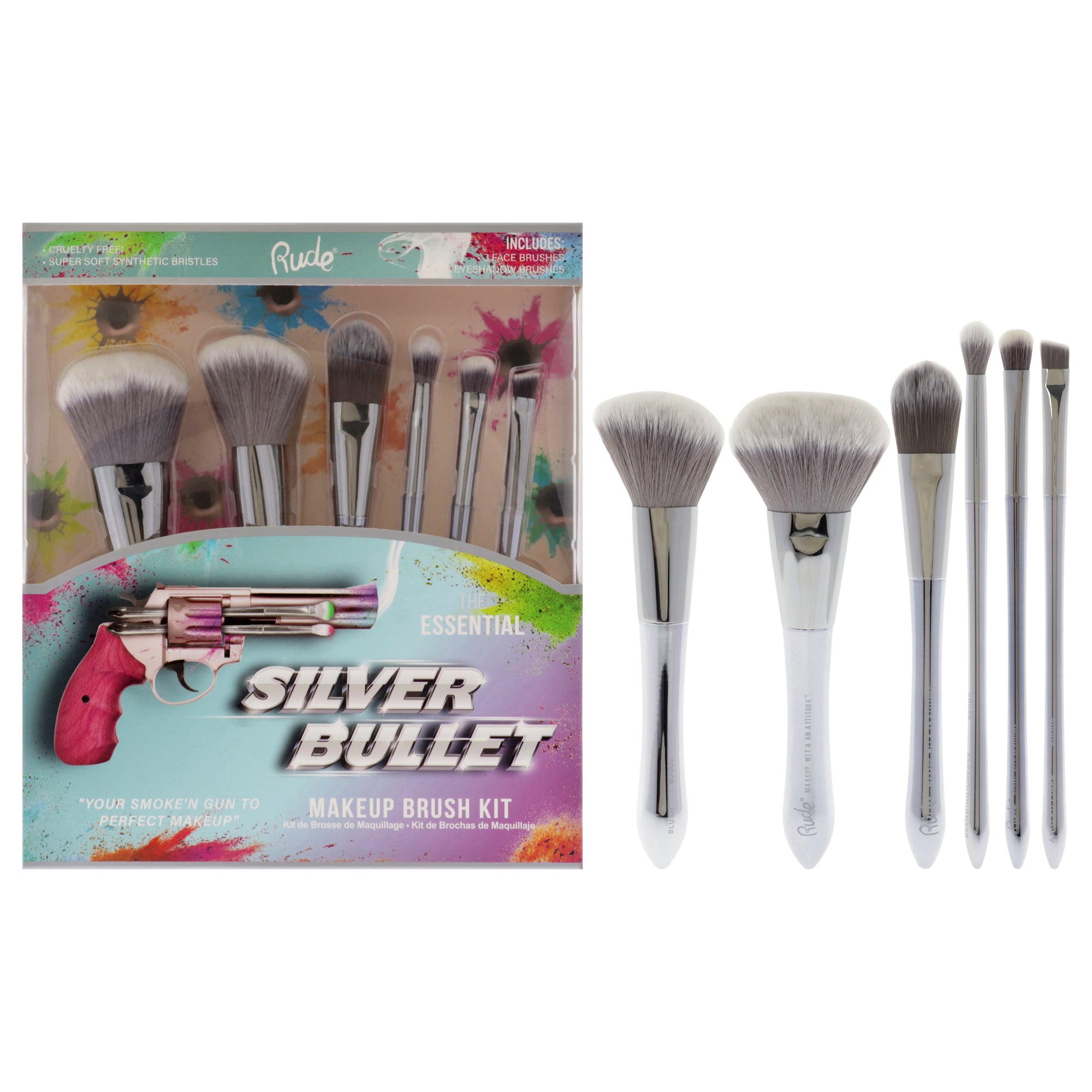 Silver Bullet Makeup Brush Kit by Rude Cosmetics for Women - 6 Pc Beretta Powder Brush, Glock Blush Brush, Remington Foundation Brush,Shotgun Eye Shadow Brush, Revolver Blending Brush, Browning Angled Liner