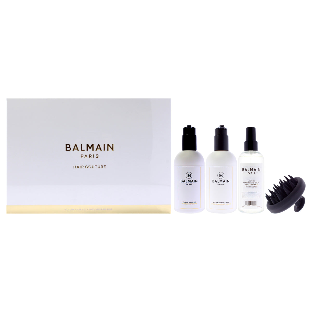 Volume Care Set by Balmain Hair Couture for Women - 4 Pc 6.76oz Leave-In Conditioning, 10.14oz Shampoo, 10.14oz Conditioner, Scalp Massage Tool