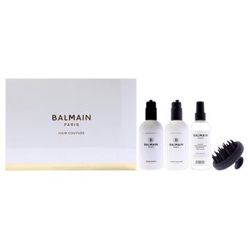 Volume Care Set by Balmain Hair Couture for Women - 4 Pc 6.76oz Leave-In Conditioning, 10.14oz Shampoo, 10.14oz Conditioner, Scalp Massage Tool
