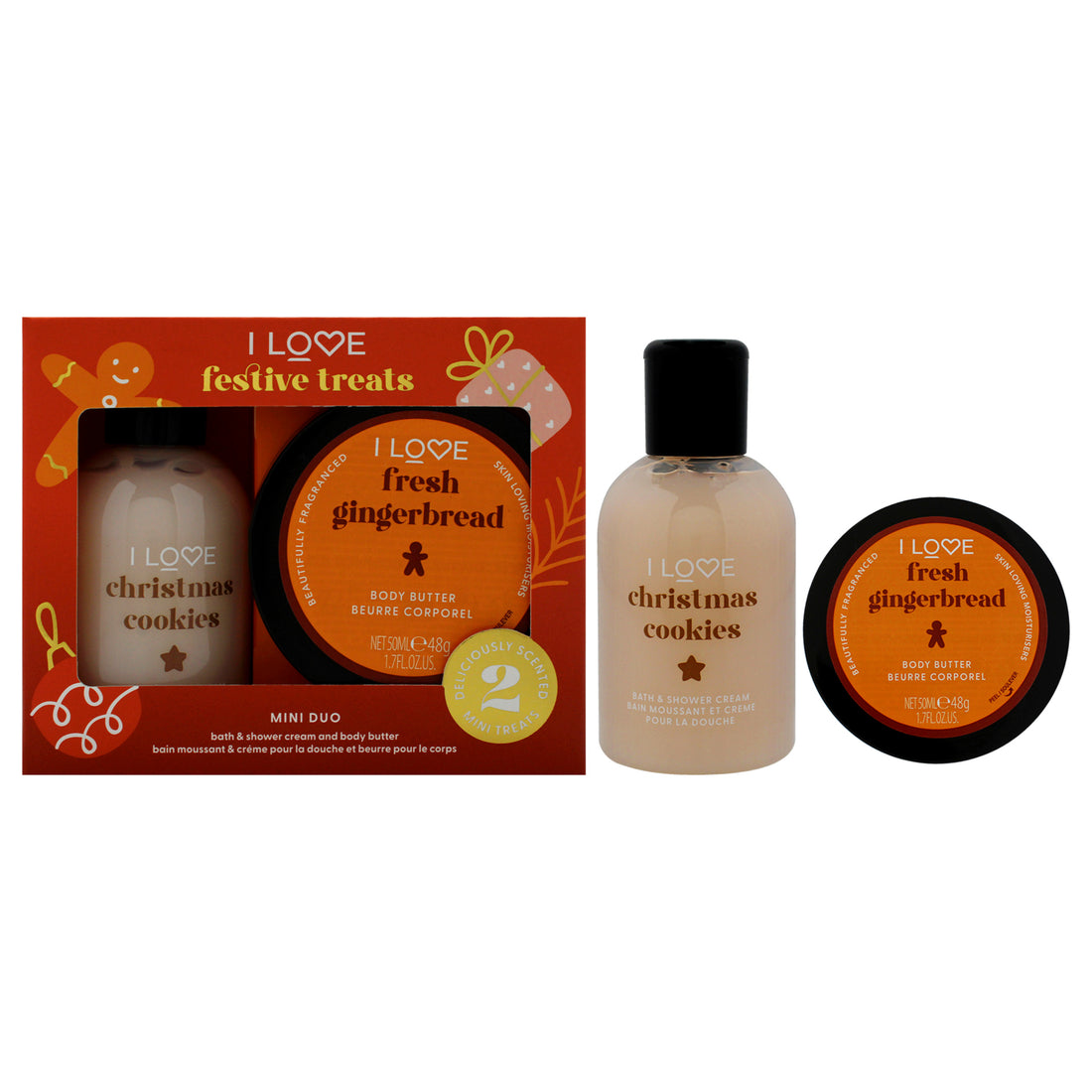 I Love Festive Treat Mini Duo by I Love Cosmetics for Unisex - 2 Pc 3.4oz Christmas Cookies Bath and Shower Cream, 1.7oz Fresh Gingerbread Body Butter