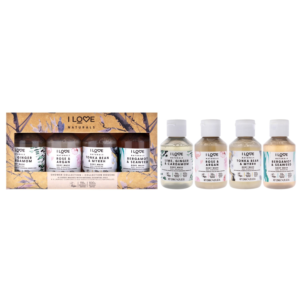 Shower Collection by I Love Cosmetics for Women - 4 Pc 4.2oz Body Wash - Lime Ginger and Cardamon, 4.2oz Body Wash - Rose and Argan, 4.2oz Body Wash - Tonka Bean and Myrrh, 4.2oz Body Wash - Bergamot and Seaweed