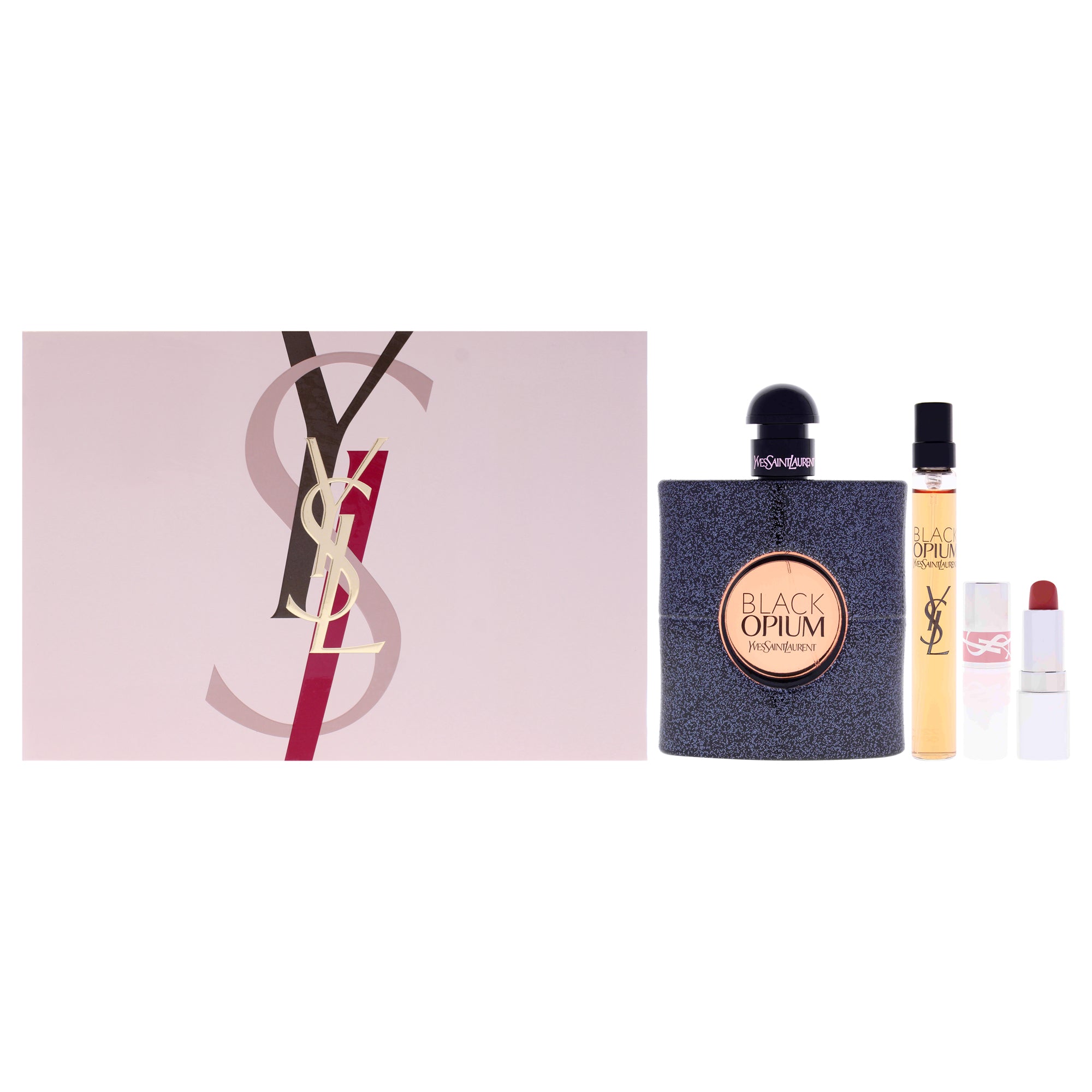 Black Opium by Yves Saint Laurent for Women - 3 Pc Gift Set 3oz EDP Spray, 0.33oz EDP Spray (Mini), 0.04oz Rouge Pur Couture Lipstick - Nu Muse