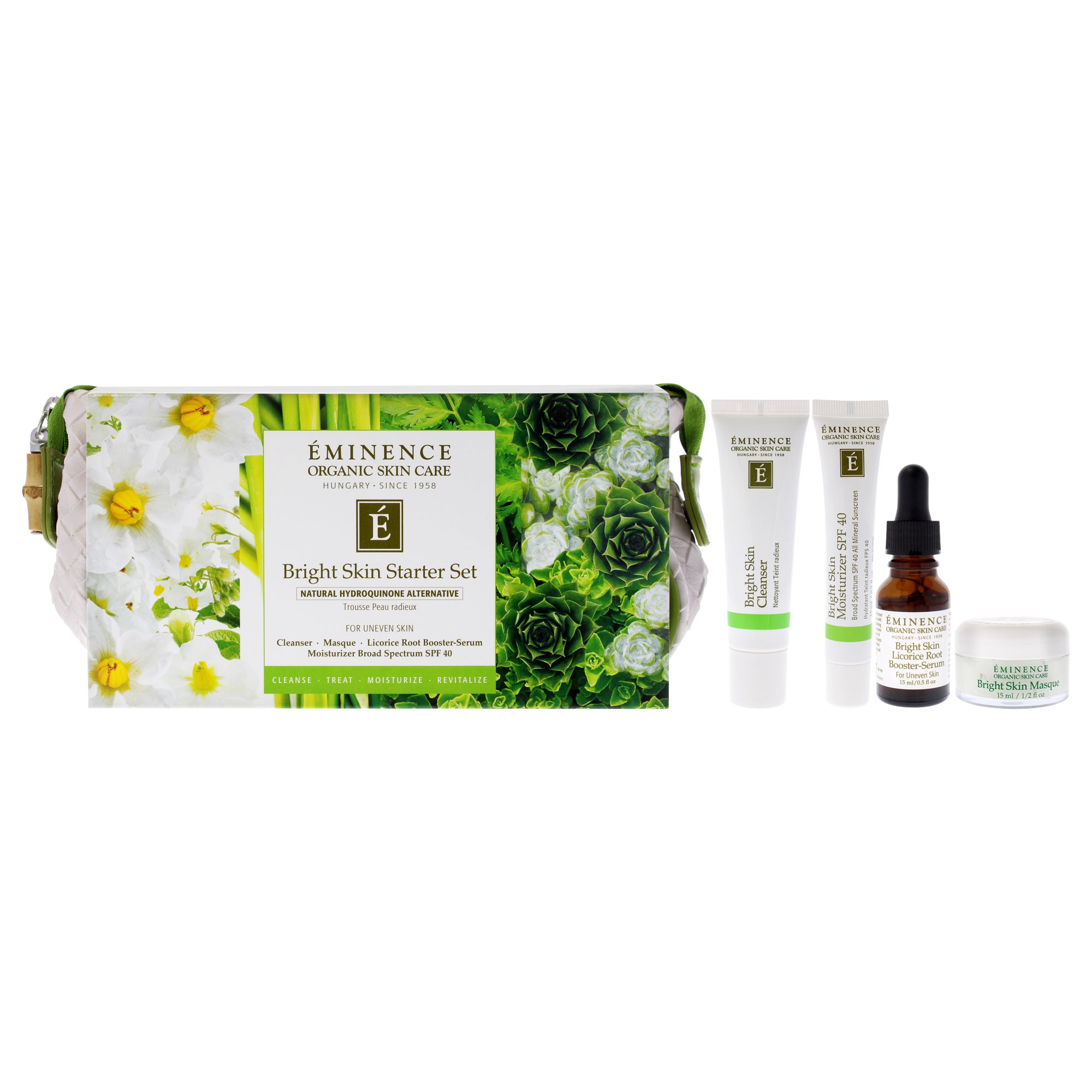 Bright Skin Starter Set by Eminence for Unisex - 5 Pc 1oz Bright Skin Cleanser, 0.5oz Bright Skin Masque, 0.5oz Bright Skin Licorice Root Booster-Serum, 0.5oz Bright Skin Moisturizer SPF 40, Cosmetic Bag