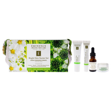 Bright Skin Starter Set by Eminence for Unisex - 5 Pc 1oz Bright Skin Cleanser, 0.5oz Bright Skin Masque, 0.5oz Bright Skin Licorice Root Booster-Serum, 0.5oz Bright Skin Moisturizer SPF 40, Cosmetic Bag