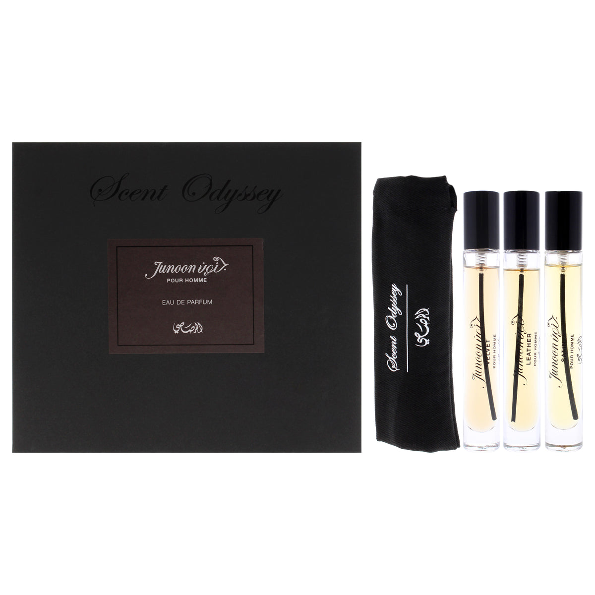 Scent Odyssey - Junoon by Rasasi for Men - 3 Pc Mini Gift Set 0.25oz Satin EDP Spray, 0.25oz Velvet EDP Spray, 0.25oz Leather EDP Spray