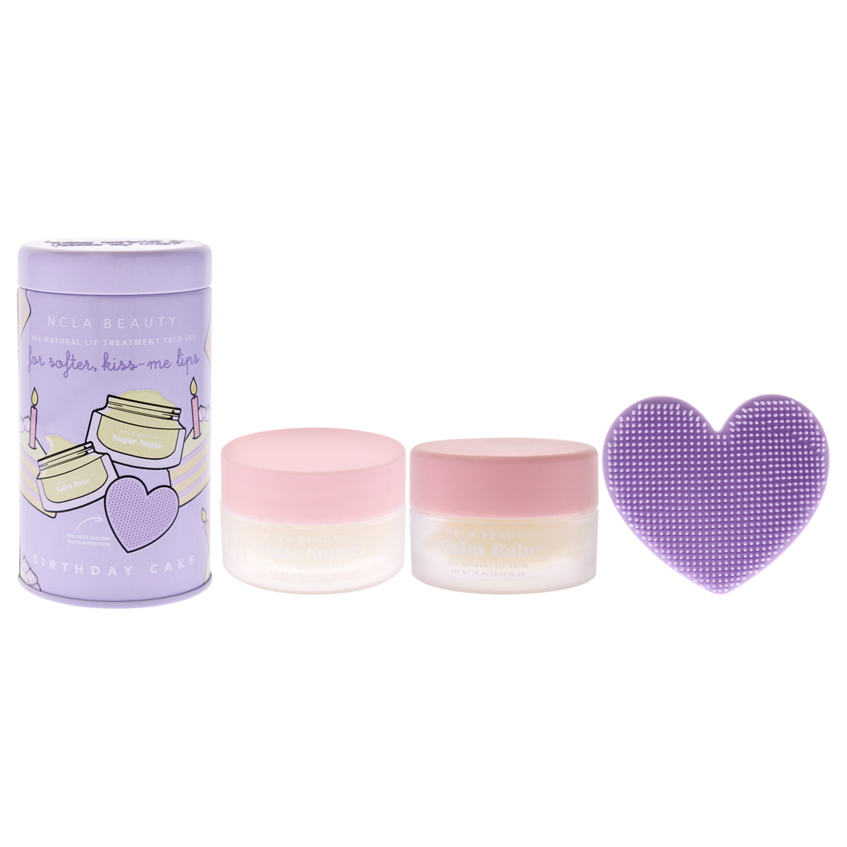 All Natural Lip Treatment Set - Birthday Cake by NCLA for Women - 3 Pc 0.34oz Lip Balm, 0.5oz Lip Scrub, Silicone Lip Scrubber