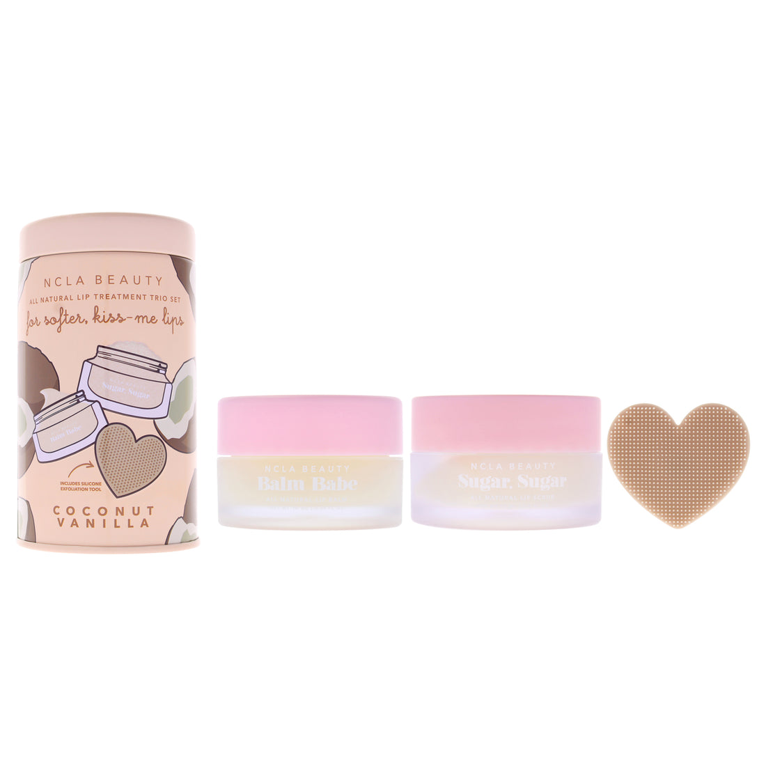 All Natural Lip Treatment Set - Coconut Vanilla by NCLA for Women - 3 Pc 0.34oz Lip Balm, 0.5oz Lip Scrub, Silicone Lip Scrubber
