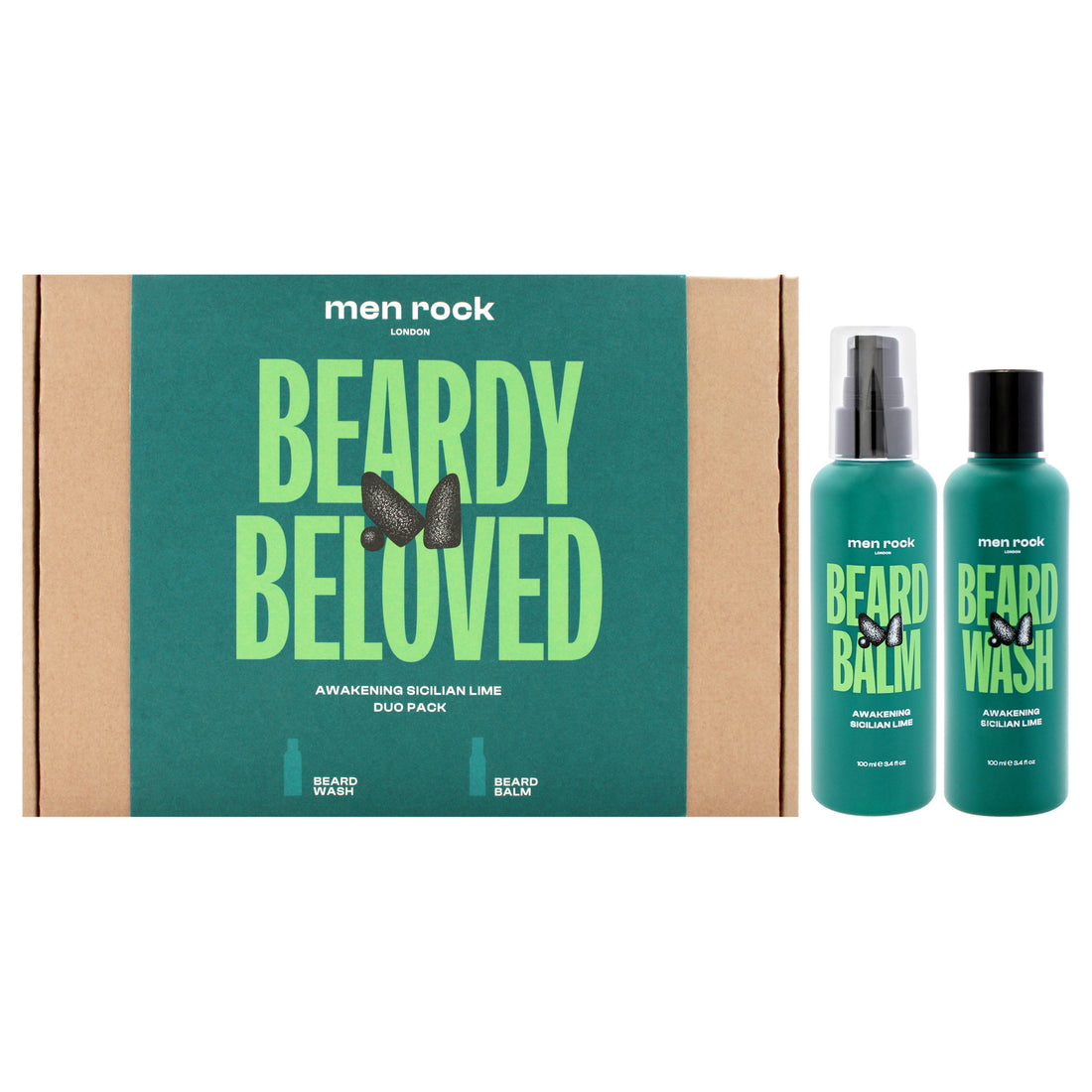 Beardy Beloved Awakening Duo - Sicilian lime by Men Rock for Men - 2 Pc 3.4oz Beard Wash - Sicilian Lime, 3.4oz Beard Balm - Sicilian Lime