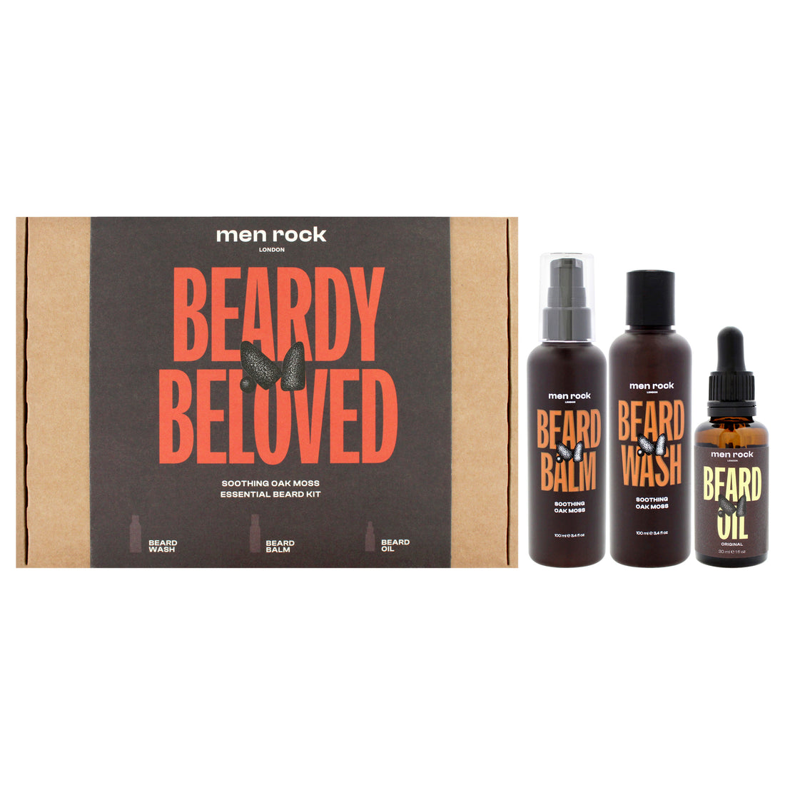 Beardy Beloved Soothing Essential Beard Kit - Oak Moss by Men Rock for Men - 3 Pc 3.4oz Beard Wash - Oak Moss, 3.4oz Beard Balm - Oak Moss, 1oz Beard Oil - Oak Moss