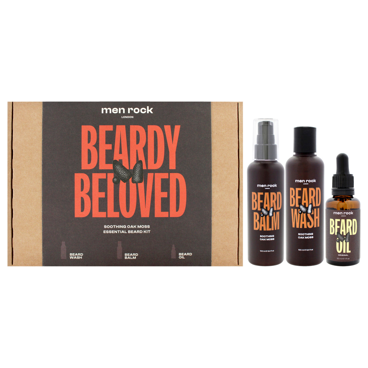 Beardy Beloved Soothing Essential Beard Kit - Oak Moss by Men Rock for Men - 3 Pc 3.4oz Beard Wash - Oak Moss, 3.4oz Beard Balm - Oak Moss, 1oz Beard Oil - Oak Moss