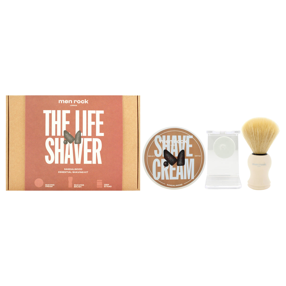 The Life Shaver Essential Shaving Kit - Sandalwood by Men Rock for Men - 3 Pc 3.5oz Shave Cream - Sandalwood, Synthetic Shaving Brush, Clear Drip Stand