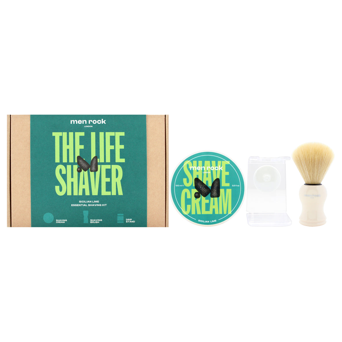 The Life Shaver Essential Shaving Kit - Sicilian Lime by Men Rock for Men - 3 Pc 3.5oz Shave Cream - Sicilian Lime, Synthetic Shaving Brush, Clear Drip Stand