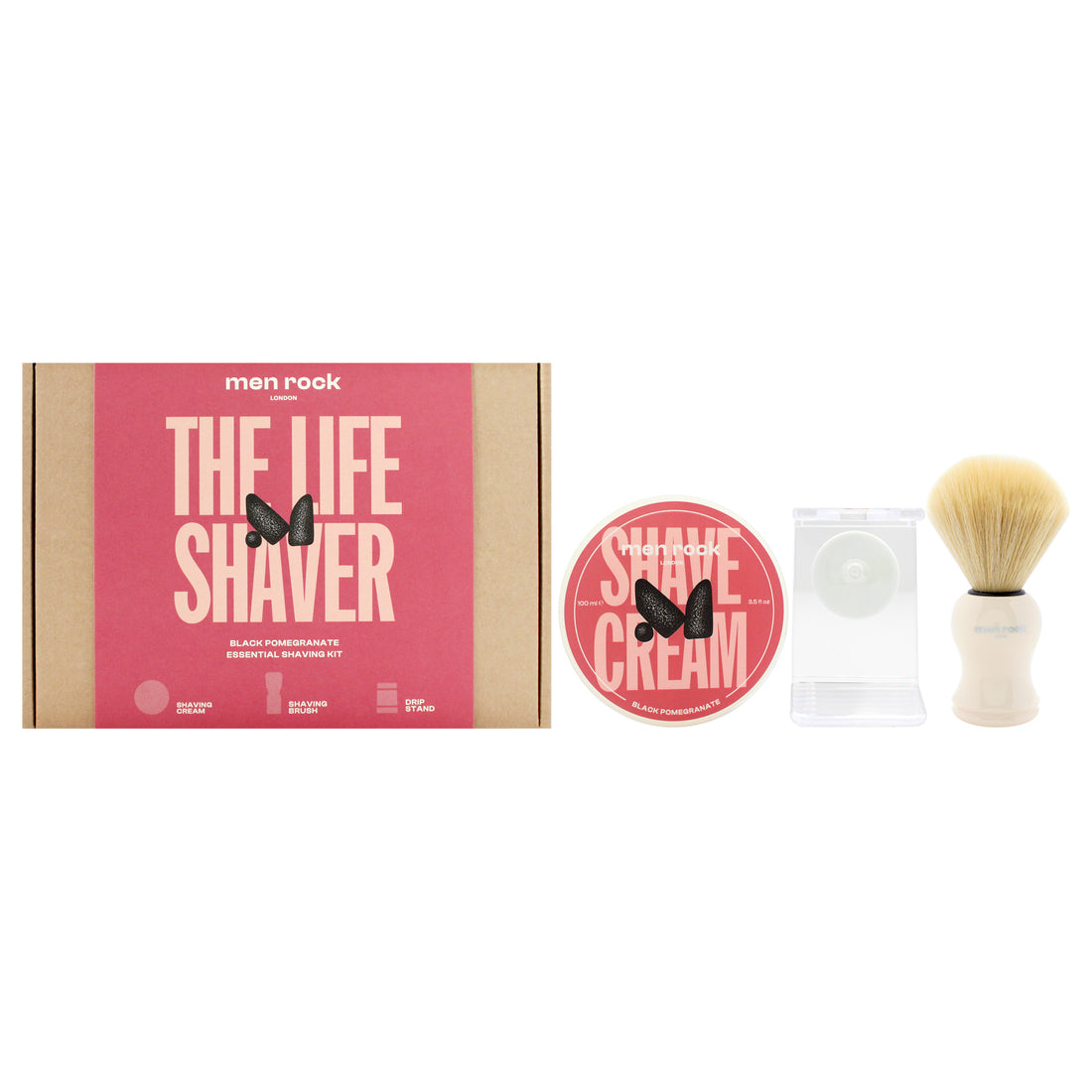 The Life Shaver Essential Shaving Kit - Black Pomegranate by Men Rock for Men - 3 Pc 3.5oz Shave Cream - Black Pomegranate, Synthetic Shaving Brush, Clear Drip Stand