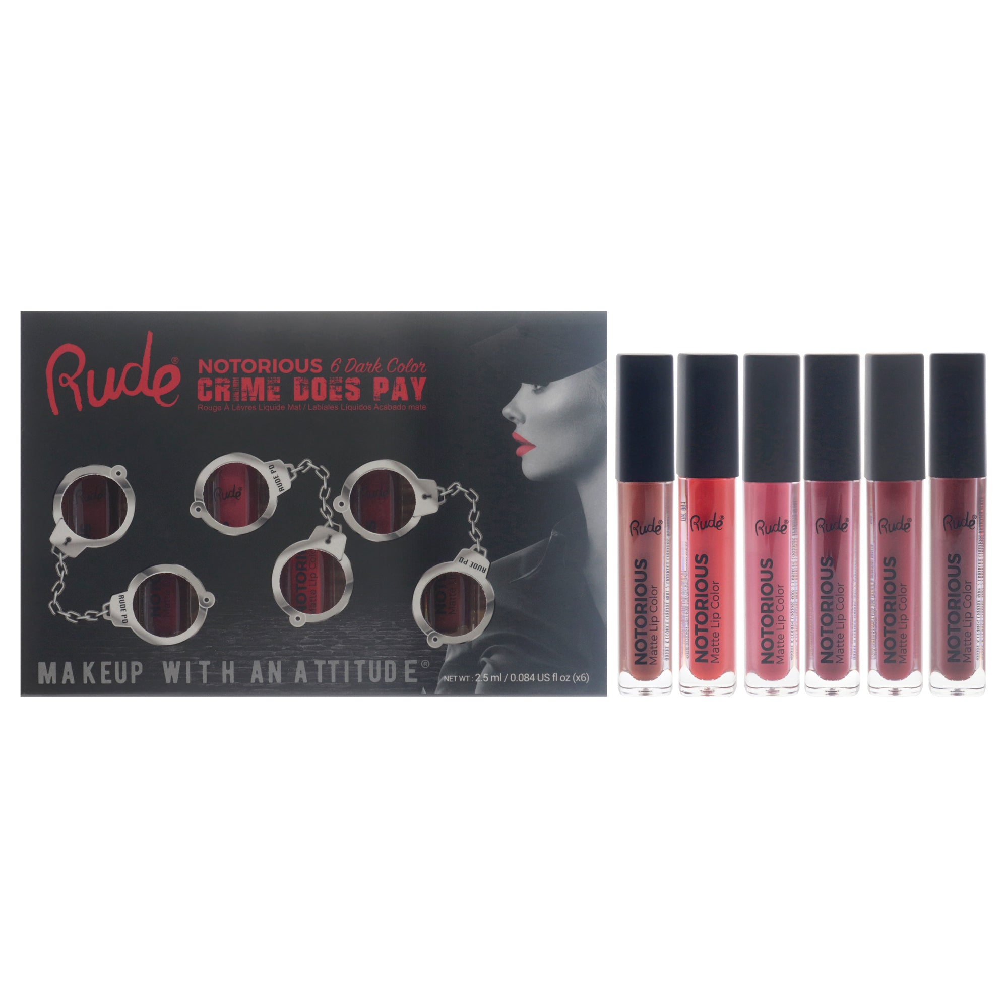 Crime Does Pay Notorious - Dark by Rude Cosmetics for Women - 6 Pc 0.084oz Lipstick - Amulet, 0.084oz Lipstick - Bewitching, 0.084oz Lipstick - Hypnotic, 0.084oz Lipstick - Secretacy, 0.084oz Lipstick - Seductress, 0.084oz Lipstick - Sorceress