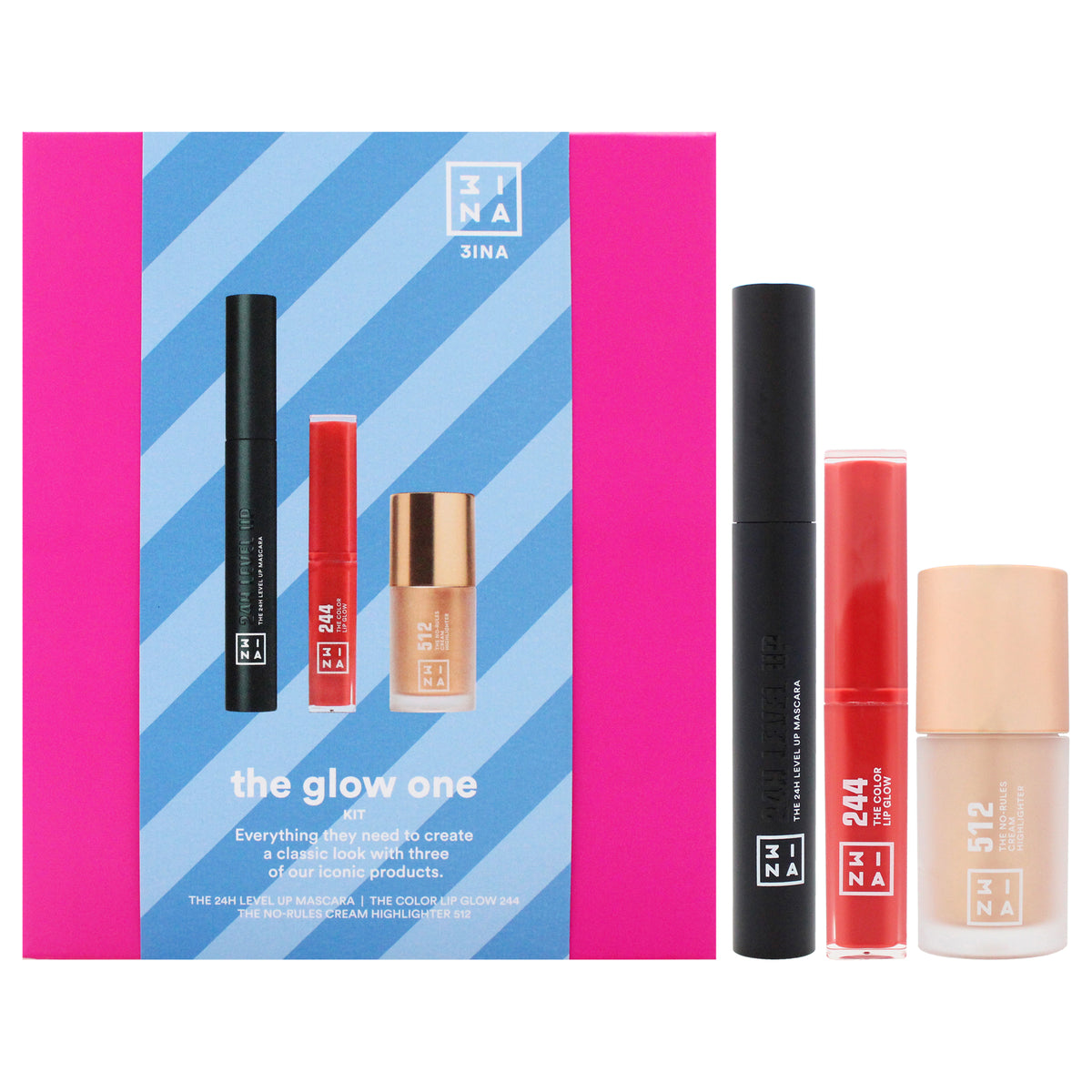 The Glow One Kit by 3INA for Women - 3 Pc 0.27oz The 24H Level Up Mascara, 0.27oz No Rules Highlighter - 512, 0.05oz The Color Lip Glow - 244