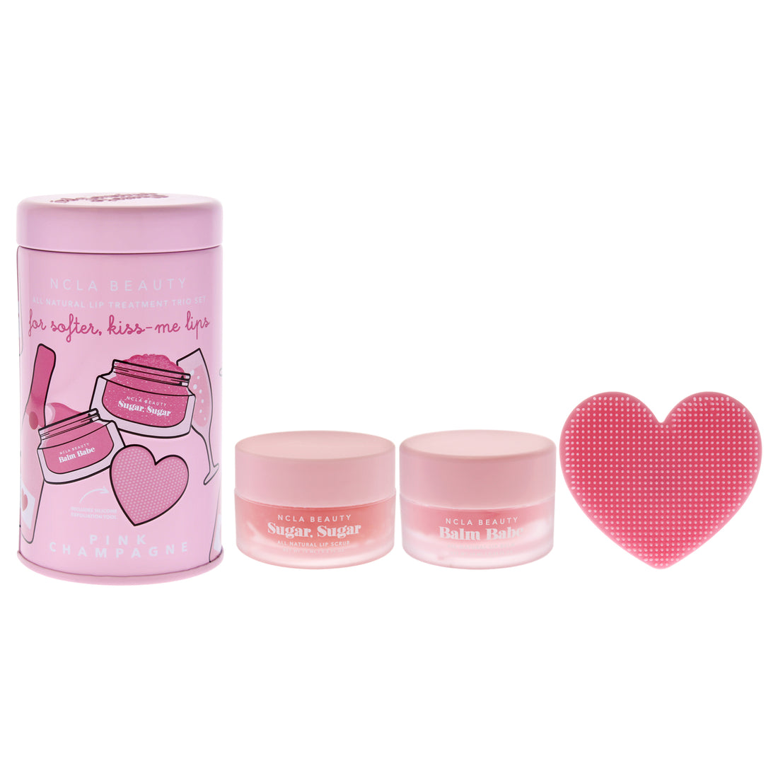 All Natural Lip Treatment Set - Pink Champagne by NCLA for Women - 3 Pc 0.34oz Lip Balm, 0.5oz Lip Scrub, Silicone Lip Scrubber
