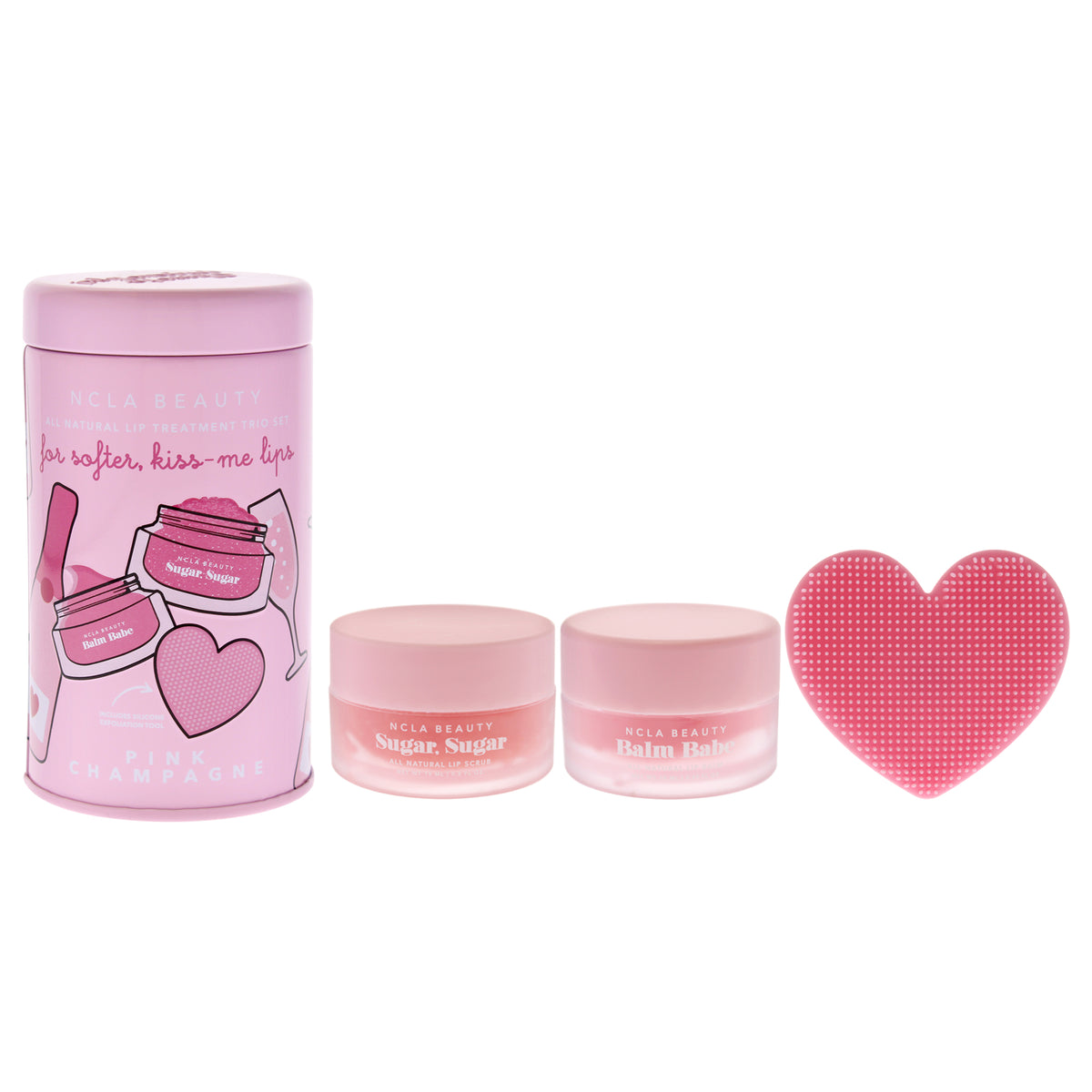 All Natural Lip Treatment Set - Pink Champagne by NCLA for Women - 3 Pc 0.34oz Lip Balm, 0.5oz Lip Scrub, Silicone Lip Scrubber