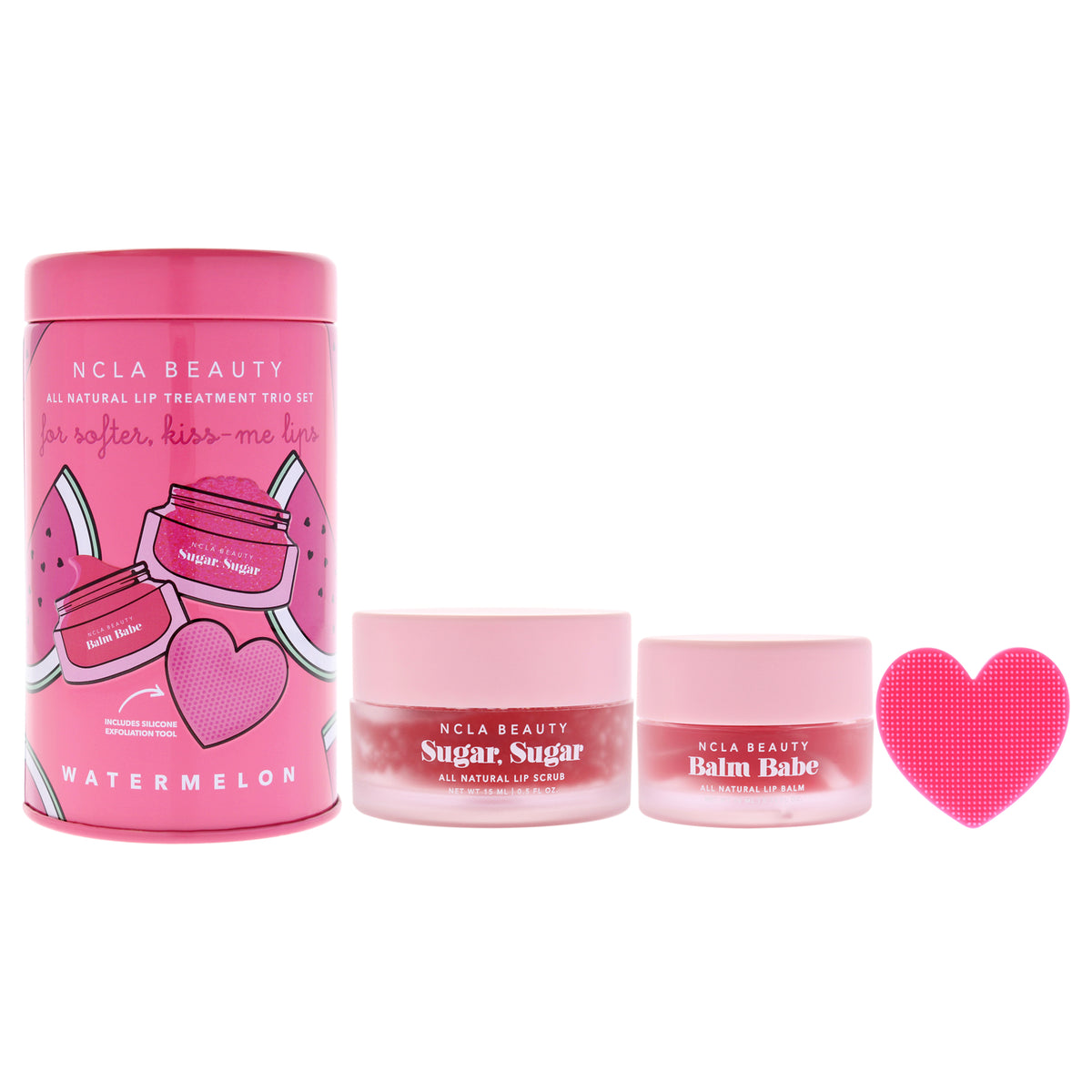 All Natural Lip Treatment Set - Watermelon by NCLA for Women - 3 Pc 0.34oz Lip Balm, 0.5oz Lip Scrub, Silicone Lip Scrubber