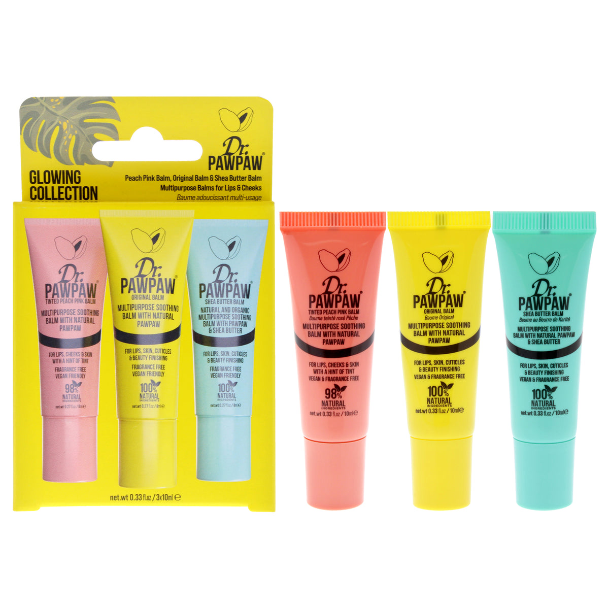 Trio Collection - Glowing by Dr. PawPaw for Women - 3 Pc 0.33oz Multipurpose Soothing Balm - Shea Butter, 0.33oz Multipurpose Soothing Balm - Peach Pink, 0.33oz Multipurpose Soothing Balm - Original