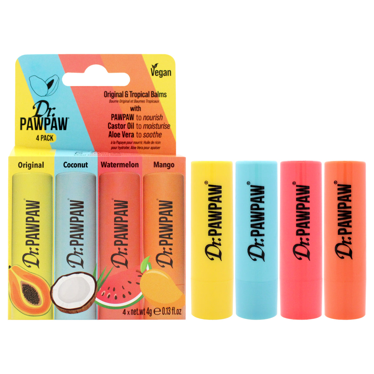 Original and Tropical Balms by Dr. PawPaw for Women - 4 Pc 0.13oz Lip Balm - Original, 0.13oz Lip Balm - Mango, 0.13oz Lip Balm - Watermelon, 0.13oz Lip Balm - Coconut