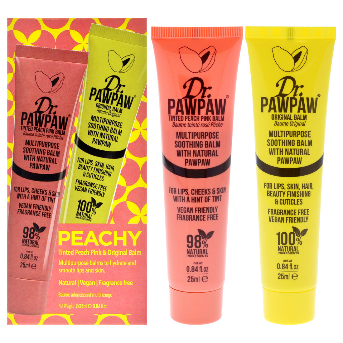 Peachy Set by Dr. PawPaw for Women - 2 Pc 0.84oz Multipurpose Soothing Tinted Balm - Peach Pink, 0.84oz Multipurpose Soothing Original Balm