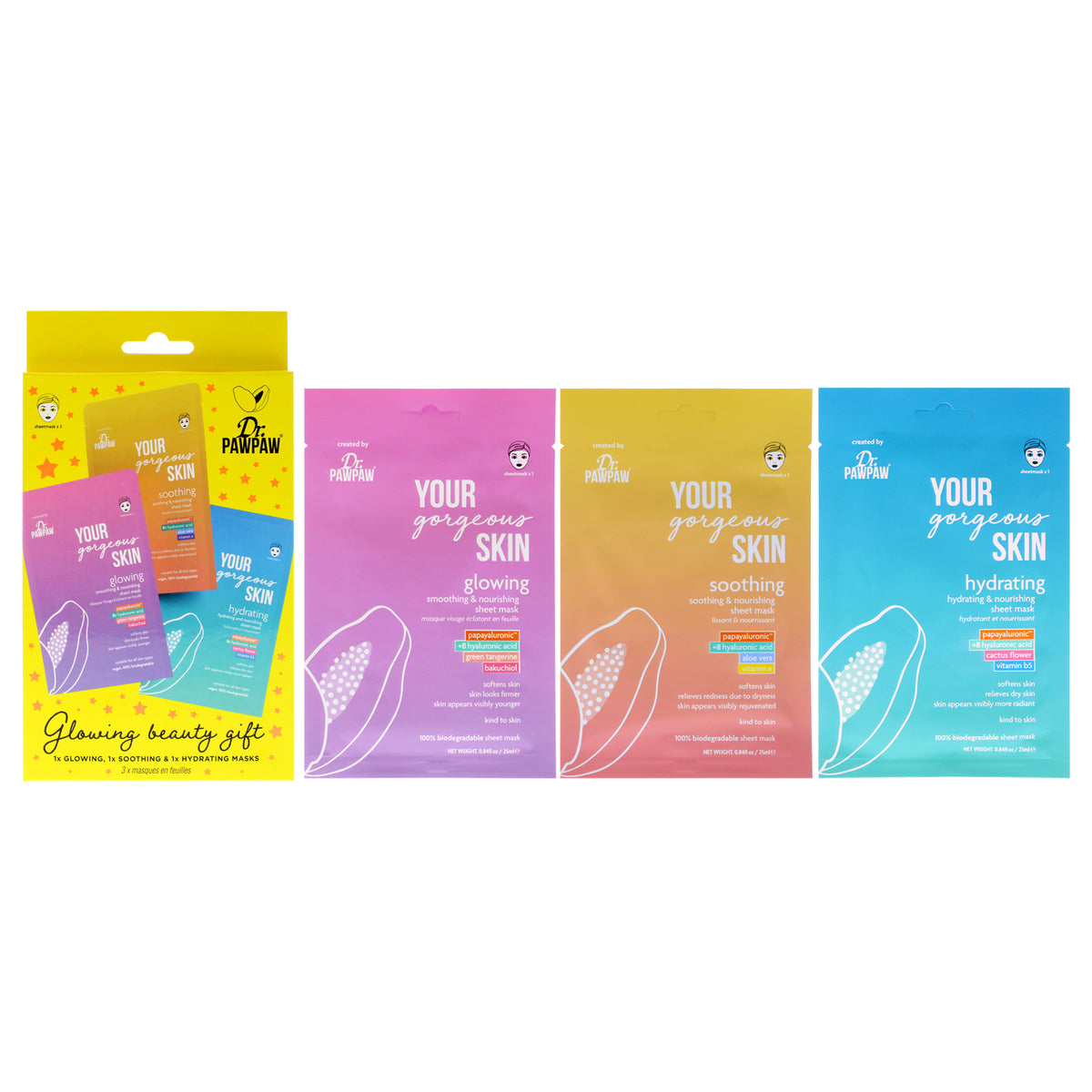 Glowing Beauty Set by Dr. PawPaw for Women - 3 Pc Hydrating Mask, Glowing Mask, Soothing Mask
