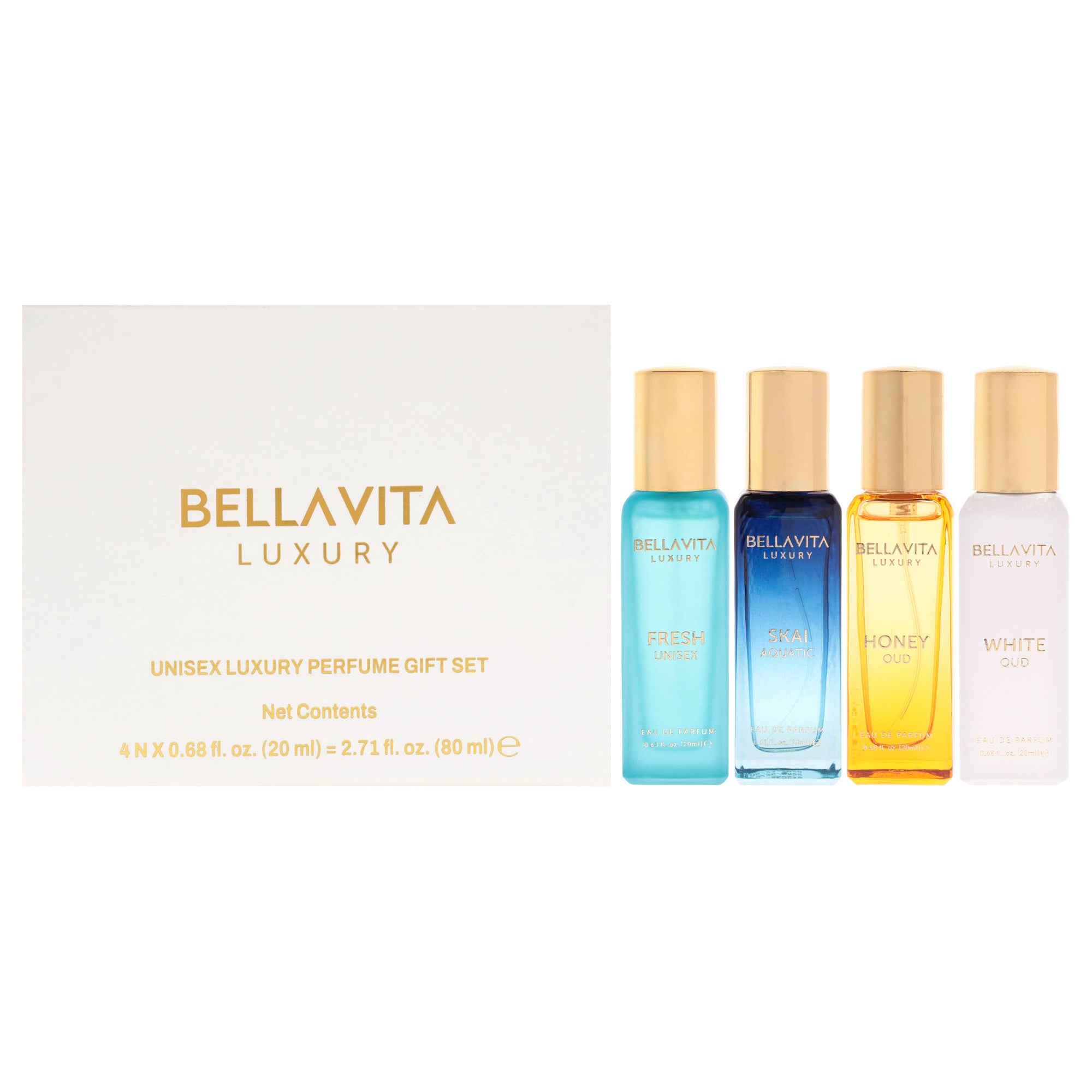 Luxury Perfume Gift Set by Bellavita for Unisex - 4 Pc Gift Set 0.68oz Skai Aquatic EDC Spray, 0.68oz Fresh EDT Spray, 0.68oz Honey Oud EDP Spray, 0.68oz White Oud EDP Spray