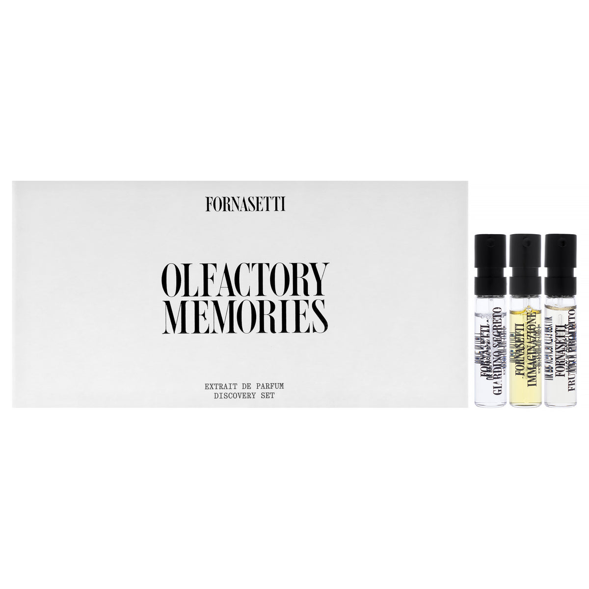 Discovery Kit by Fornasetti for Unisex - 3 Pc Mini GiftSet 0.05oz Immaginazione Extrait De Parfum Spray Vial, 0.05oz Frutto Proibito Extrait De Parfum Spray Vial, 0.05oz Giardino Segreto Extrait De Parfum Spray Vial