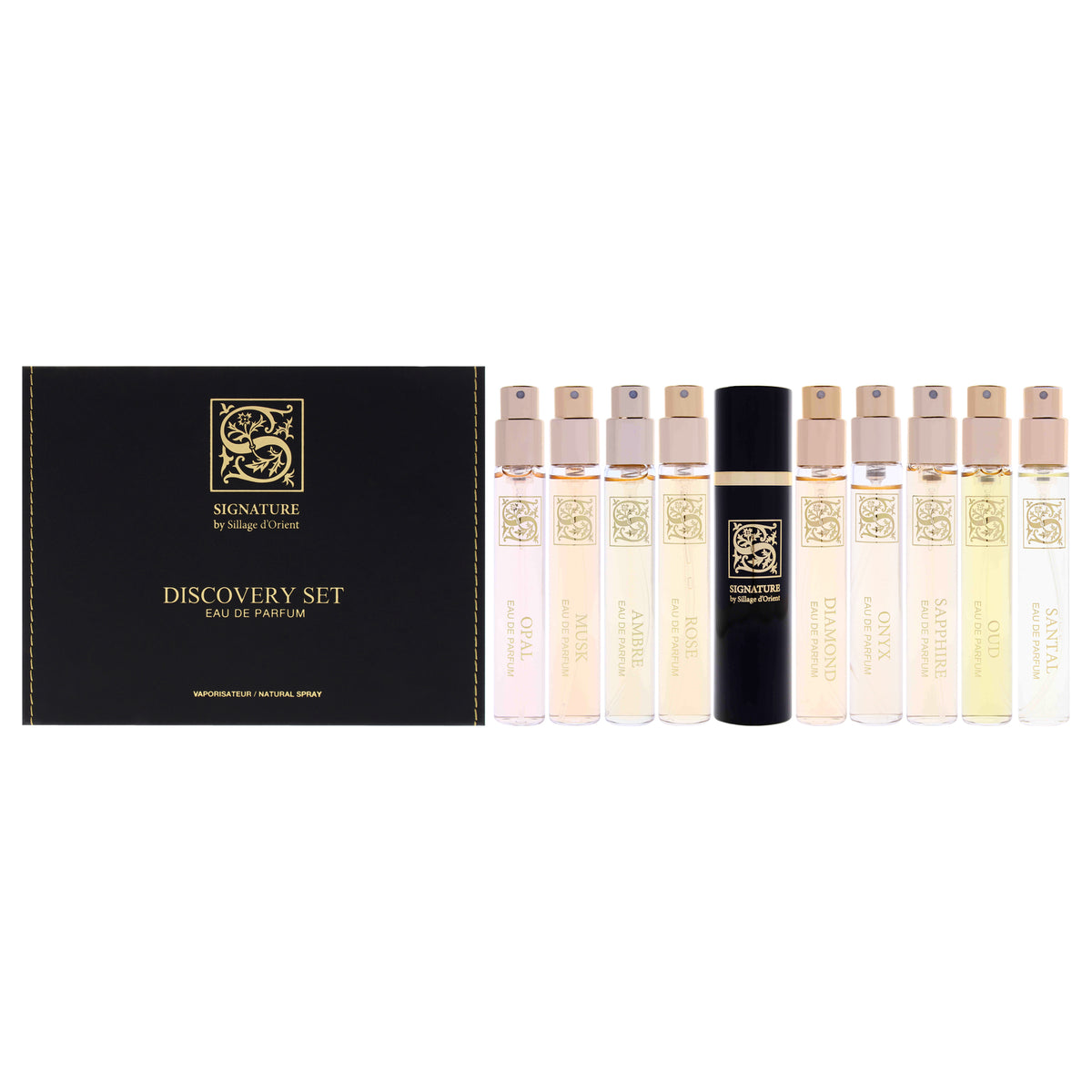 Signature Discovery Set by Sillage dOrient for Women - 10 Pc Mini Gift Set 0.34oz Sandal EDP Spray Vial (Mini), 0.34oz Saphire EDP Spray Vial (Mini), 0.34oz Musk EDP Spray Vial (Mini), 0.34oz Rose EDP Spray Vial (Mini) + more