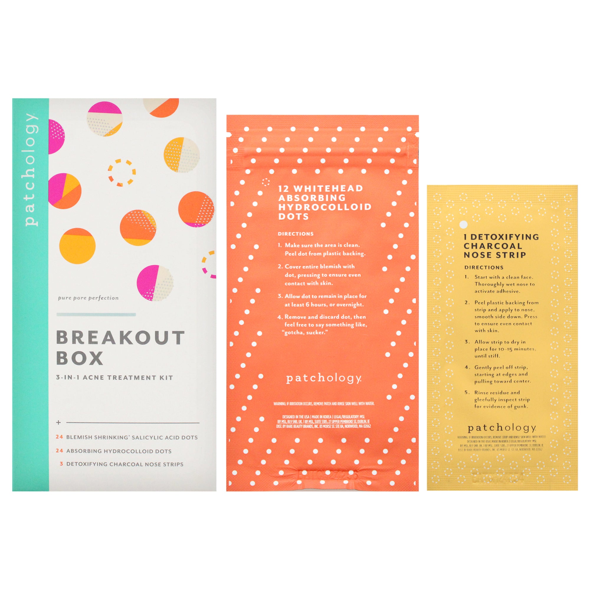 Breakout Box 3-in-1 Acne Treatment Kit by Patchology for Unisex - 3 Pc 3Pc Blackhead-Eliminating Charcoal Nose Strips, 24Pc Pimple-Shrinking Salicylic Acid Dots, 24Pc Whitehead-Absorbing Hydrocolloid Dots