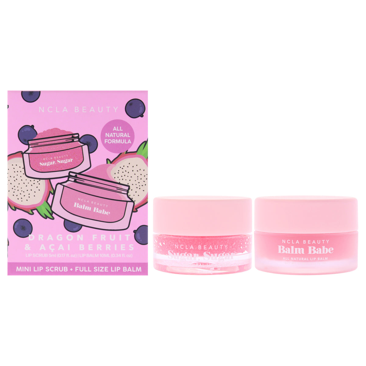 Lip Care Set - Dragonfruit and Acai Berries by NCLA for Women - 2 Pc 0.17oz Lip Scrub, 0.33oz Lip Balm