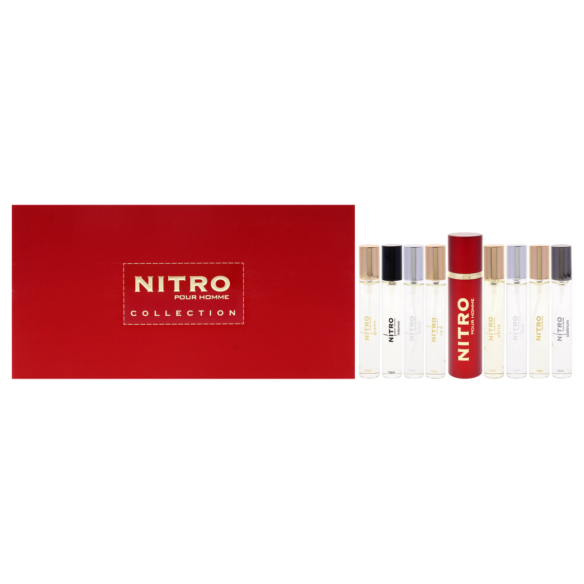 Nitro - Collection by Dumont for Men - 9 Pc Mini Gift Set 0.34oz Black EDP Spray, 0.34oz Green EDP Spray, 0.34oz Intense EDP Spray, 0.34oz Platinum EDP Spray, 0.34oz Red EDP Spray, 0.34oz White EDP Spray, 0.34oz Blue EDP Spray + more