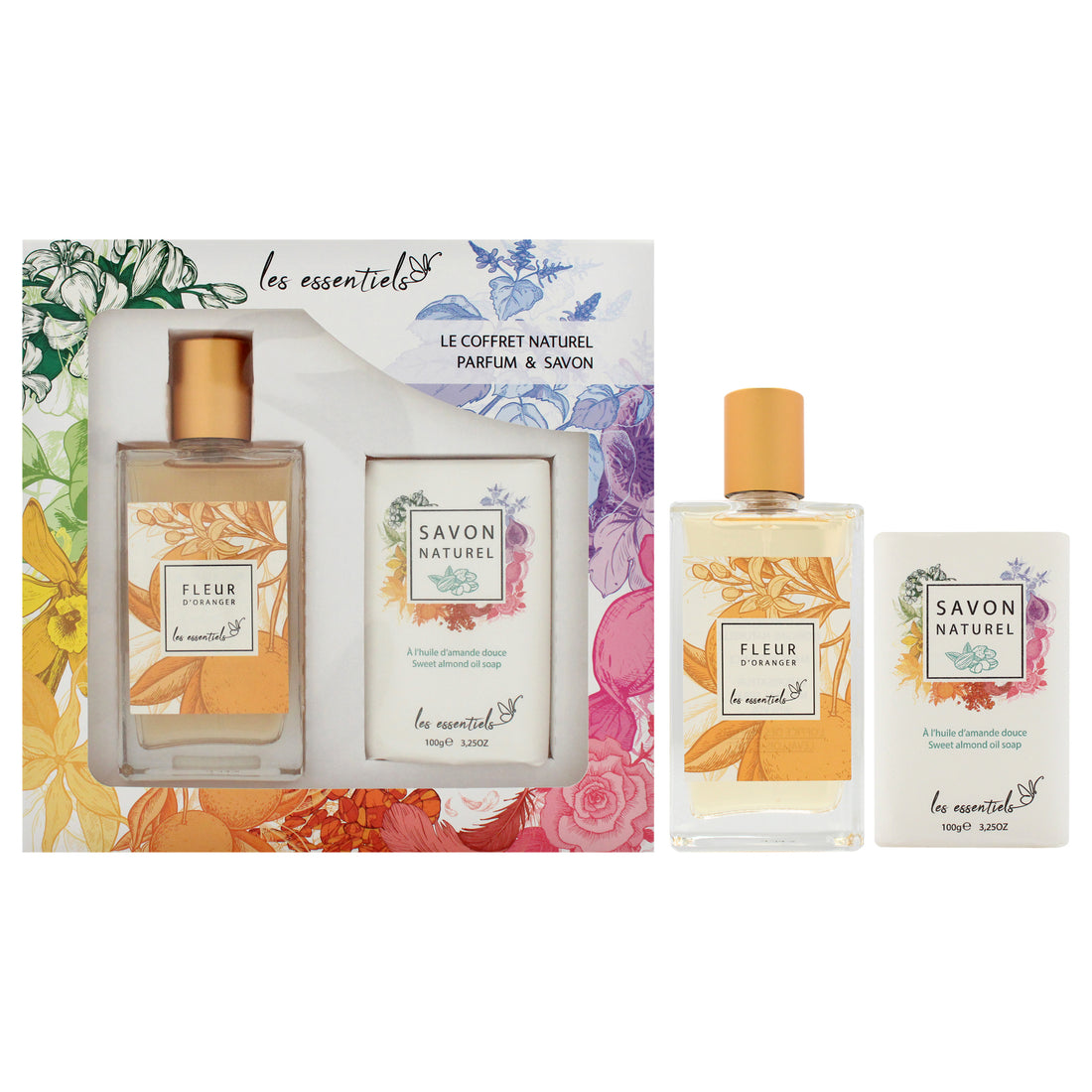 Le Coffret Naturel Parfum and Savon - Fleur D Oranger by Les Essentials for Unisex - 2 Pc Gift Set 2.7oz EDP Spray, 3.25oz Sweet Almond Oil Soap