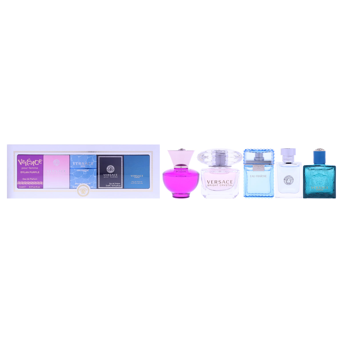 Versace Miniatures Collection by Versace for Unisex - 5 Pc Mini Gift Set 0.17oz Versace Dylan Purple EDP Splash, 0.17oz Versace Bright Crystal EDT Splash, 0.17oz Versace Man Eau Fraiche EDT Splash + more