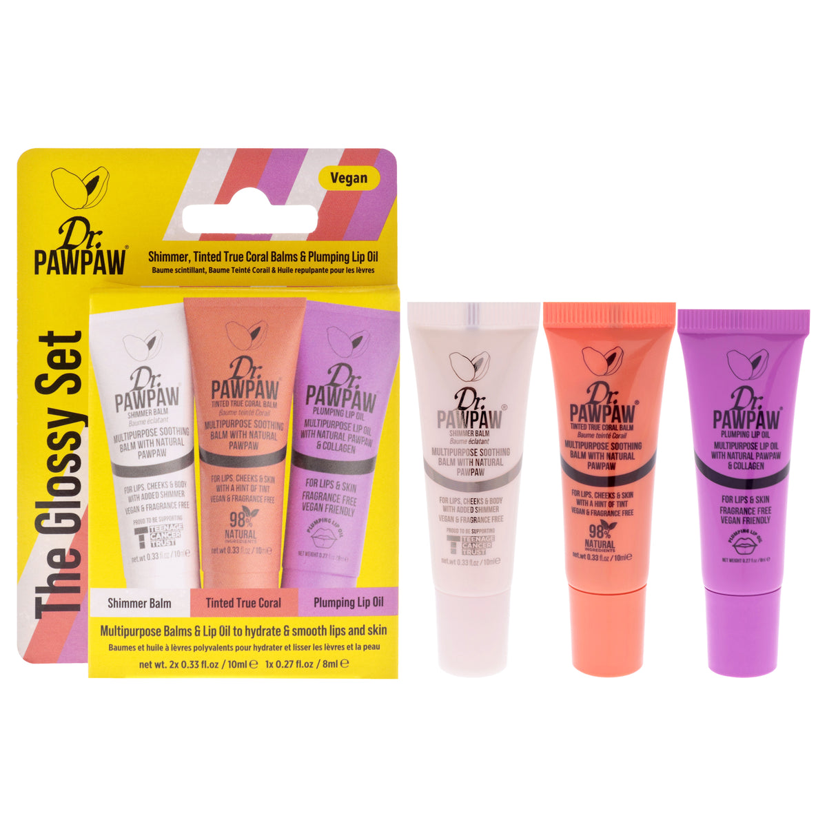 The Glossy Set by Dr. PawPaw for Women - 3 Pc 0.33oz Lip Balm - Shimmer, 0.33oz Lip Balm - True Coral, 0.27oz Lip Oil - Plumping Lip Oil