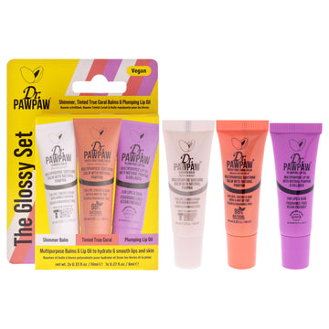 The Glossy Set by Dr. PawPaw for Women - 3 Pc 0.33oz Lip Balm - Shimmer, 0.33oz Lip Balm - True Coral, 0.27oz Lip Oil - Plumping Lip Oil