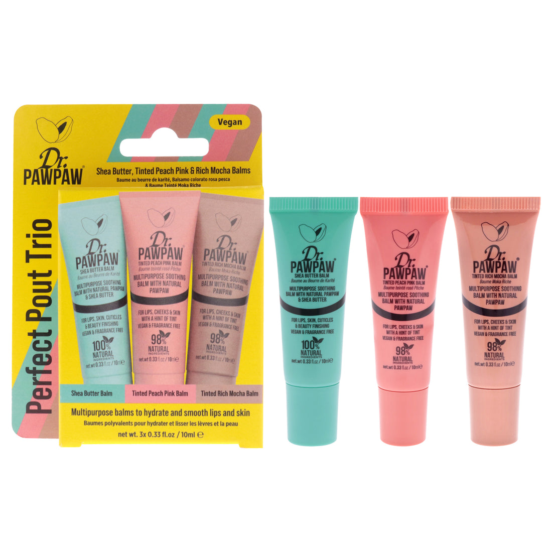 Mini Perfect Pout Trio by Dr. PawPaw for Women - 3 Pc 0.33oz Lip Balm - Peach Pink, 0.33oz Lip Balm - Shea Butter, 0.33oz Lip Balm - Rich Mocha