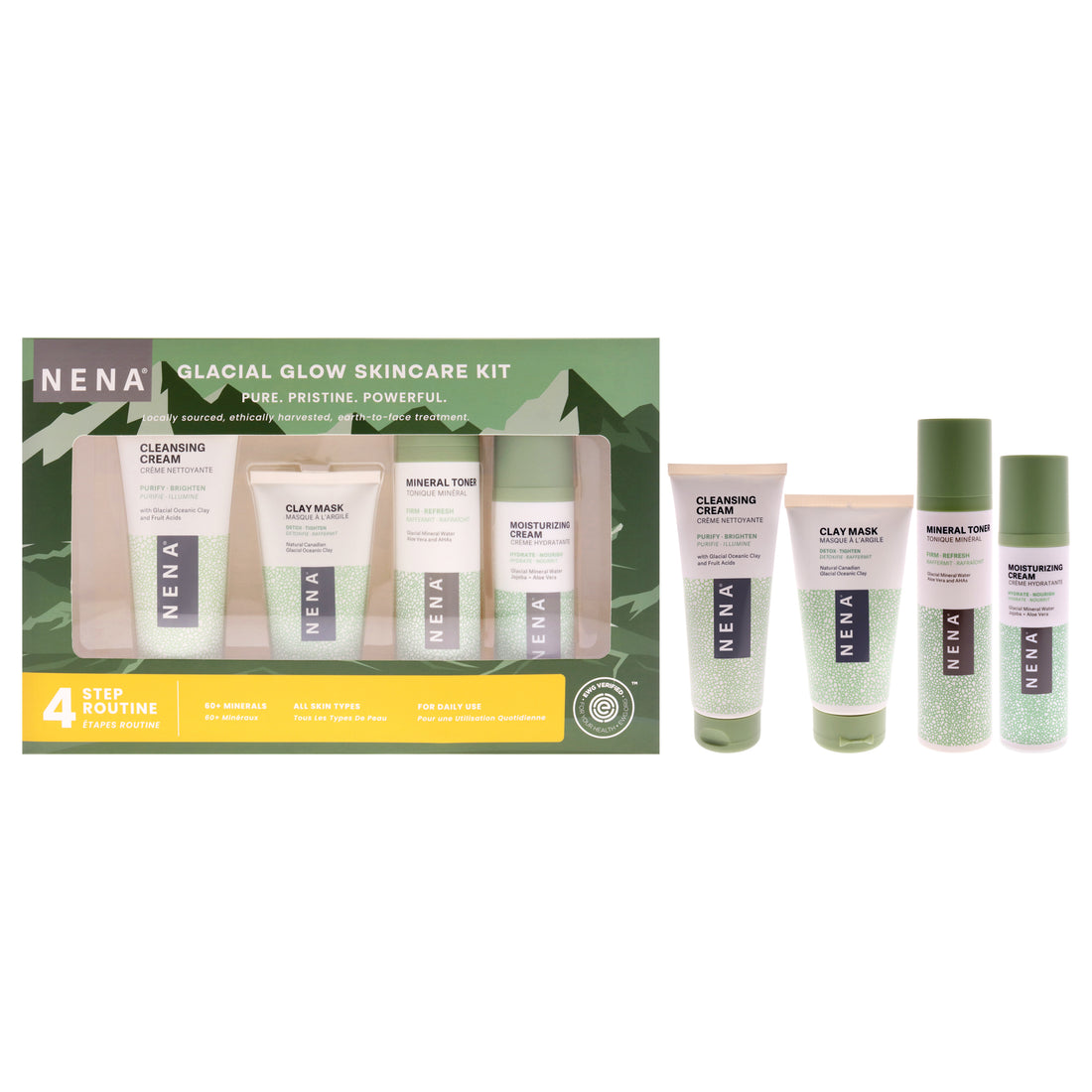 Natural Skincare Kit by NENA Skincare for Women - 4 Pc 3.5oz Cleansing Cream, 4.2oz Clay Mask, 4oz Mineral Toner, 1.4oz Moisturizing Cream