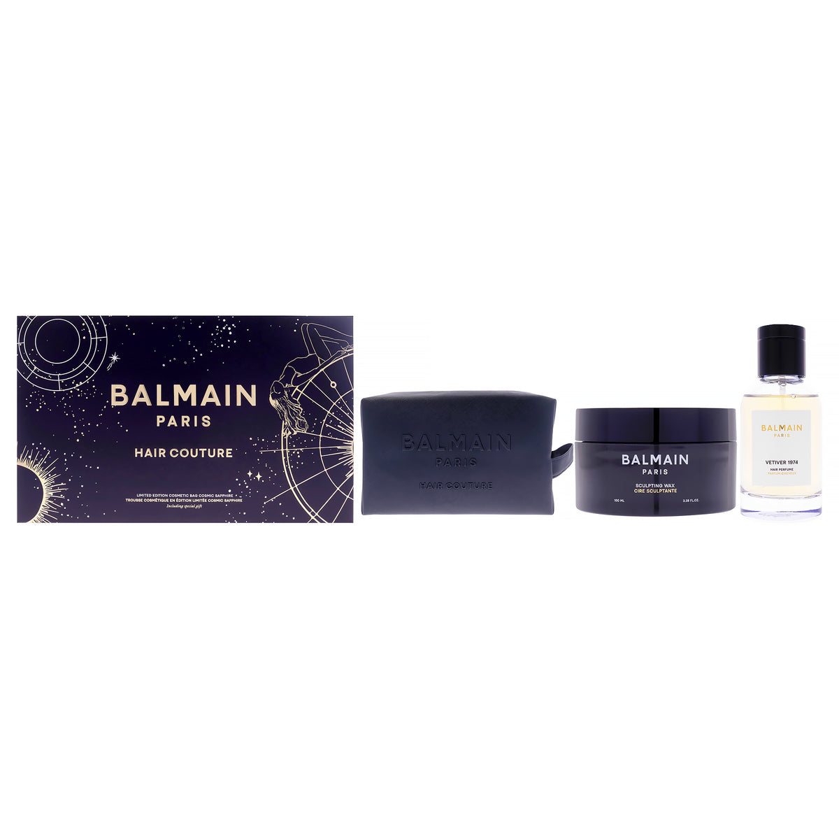 Cosmetic Bag Blue Limited Edition - C4 2025 by Balmain Hair Couture for Men - 3 Pc 3.38oz Vetiver 1974 Hair Perfume, 3.38oz Sculpting Wax, Pouch
